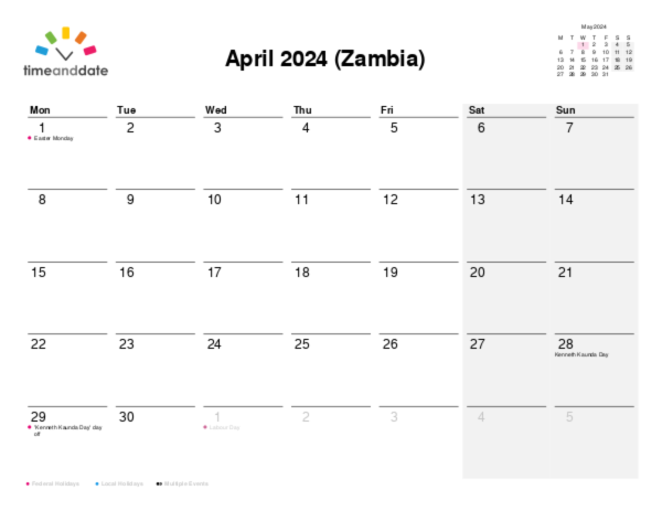 Calendar for 2024 in Zambia