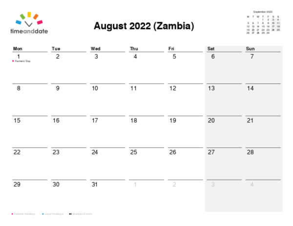 Calendar for 2022 in Zambia