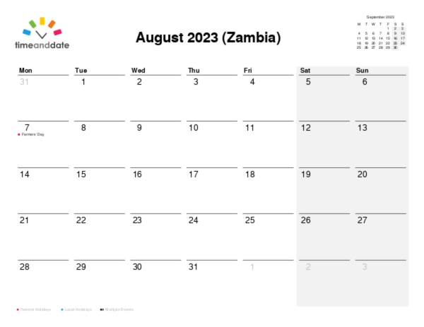 Calendar for 2023 in Zambia