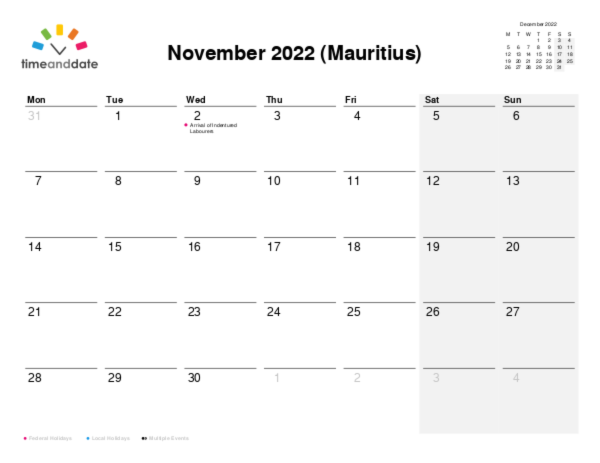 Calendar for 2022 in Mauritius