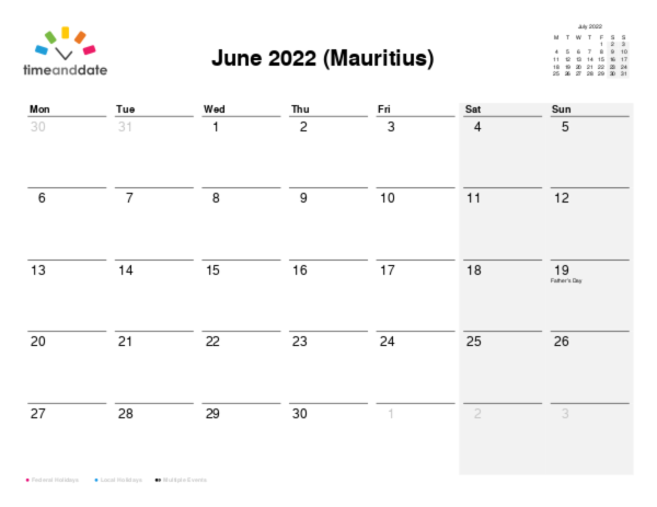 Calendar for 2022 in Mauritius