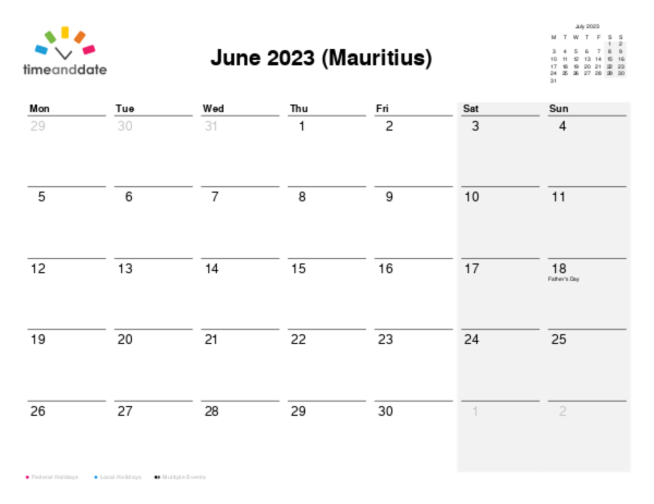 Calendar for 2023 in Mauritius