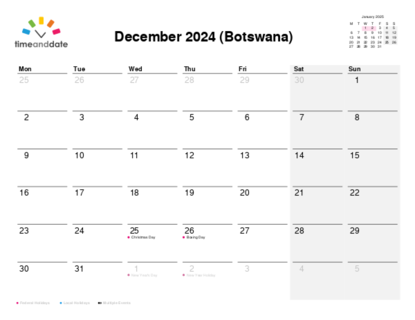 Calendar for 2024 in Botswana