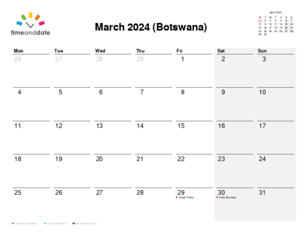 Calendar for 2024 in Botswana