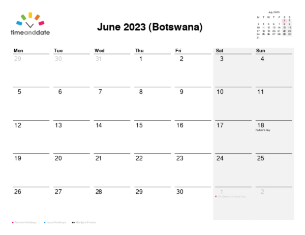 Calendar for 2023 in Botswana