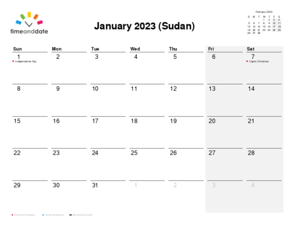 Calendar for 2023 in Sudan