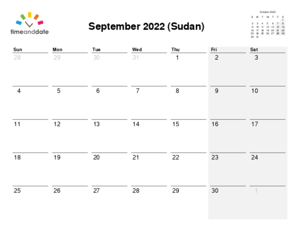 Calendar for 2022 in Sudan