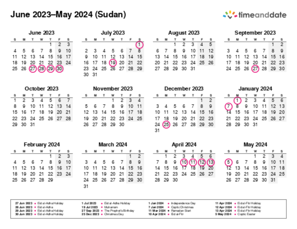 Calendar for 2023 in Sudan