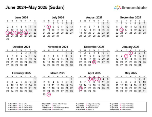 Calendar for 2024 in Sudan