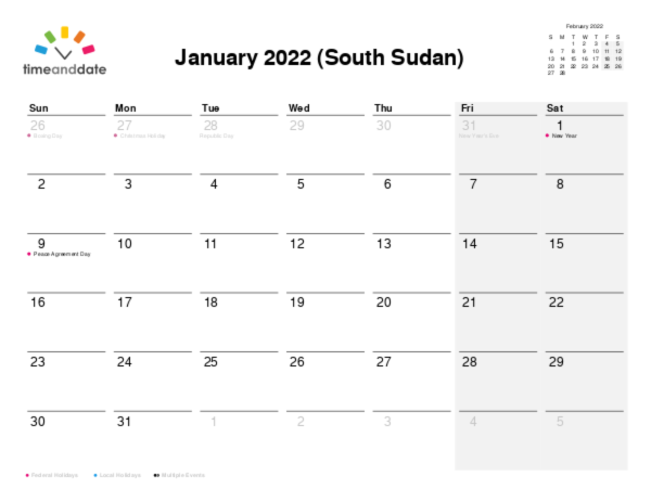 Calendar for 2022 in South Sudan