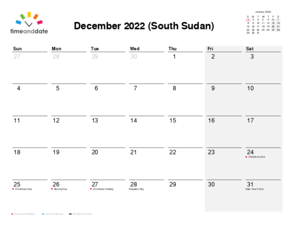 Calendar for 2022 in South Sudan