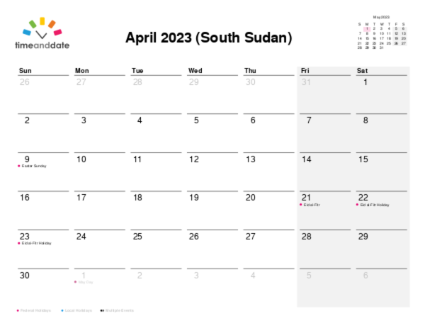 Calendar for 2023 in South Sudan
