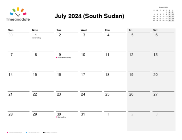 Calendar for 2024 in South Sudan