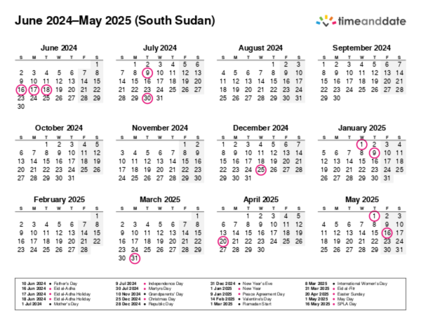 Calendar for 2024 in South Sudan