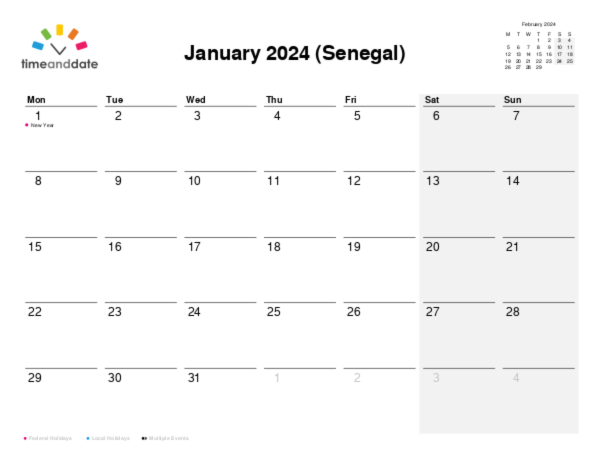 Calendar for 2024 in Senegal