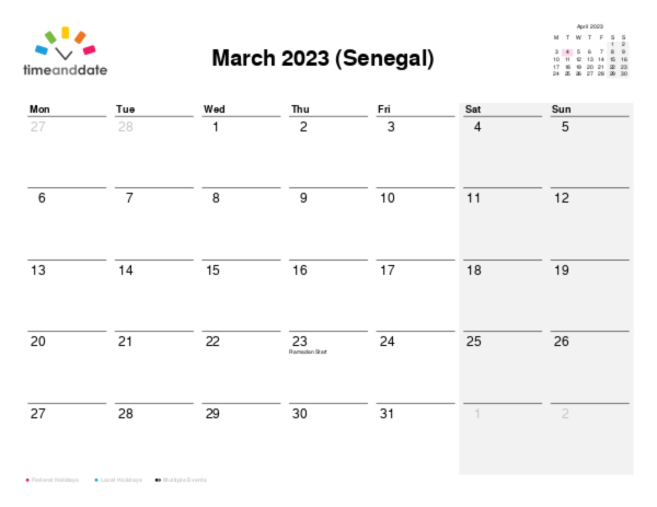Calendar for 2023 in Senegal