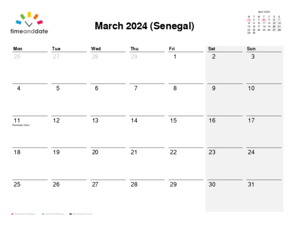 Calendar for 2024 in Senegal