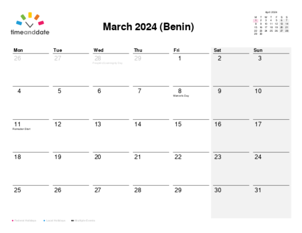 Calendar for 2024 in Benin