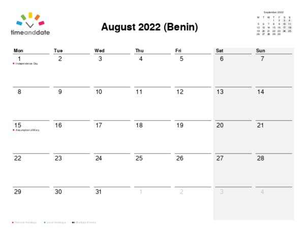 Calendar for 2022 in Benin