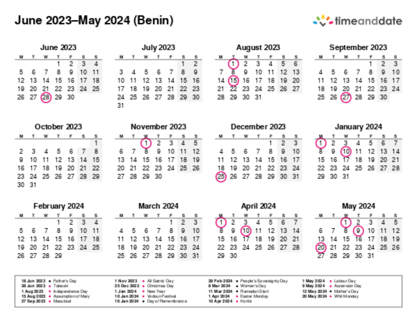 Calendar for 2023 in Benin