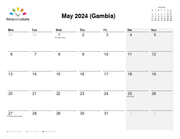 Calendar for 2024 in Gambia