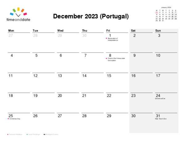 Calendar for 2023 in Portugal