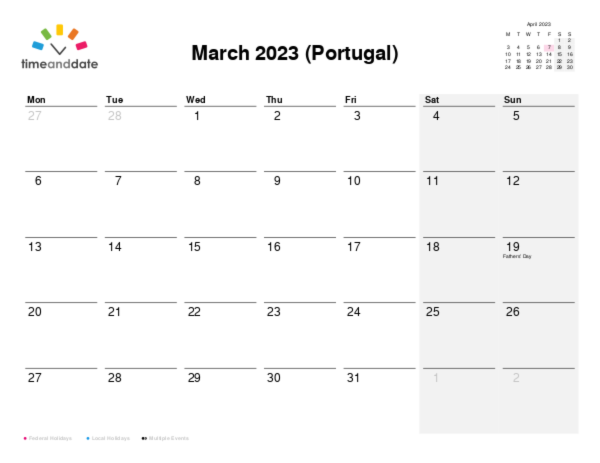 Calendar for 2023 in Portugal