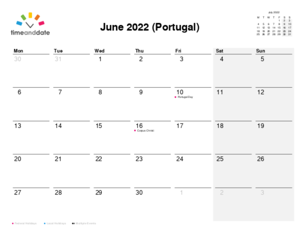 Calendar for 2022 in Portugal