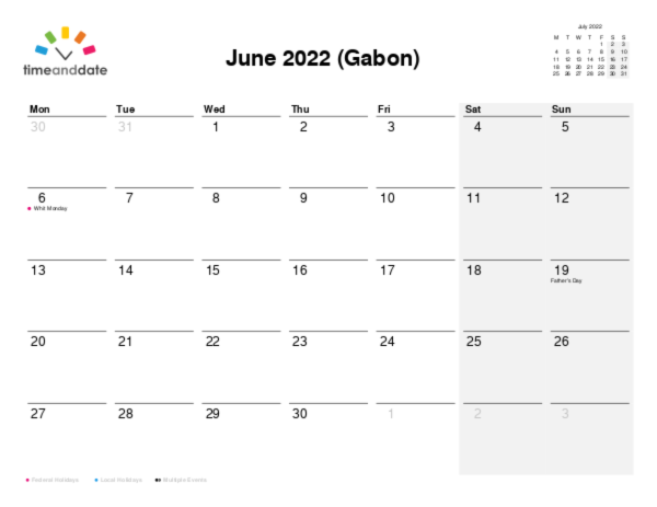 Calendar for 2022 in Gabon