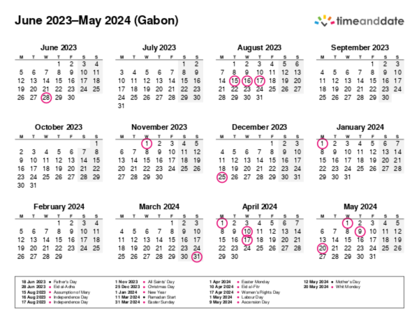 Calendar for 2023 in Gabon