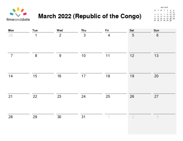 Calendar for 2022 in Republic of the Congo