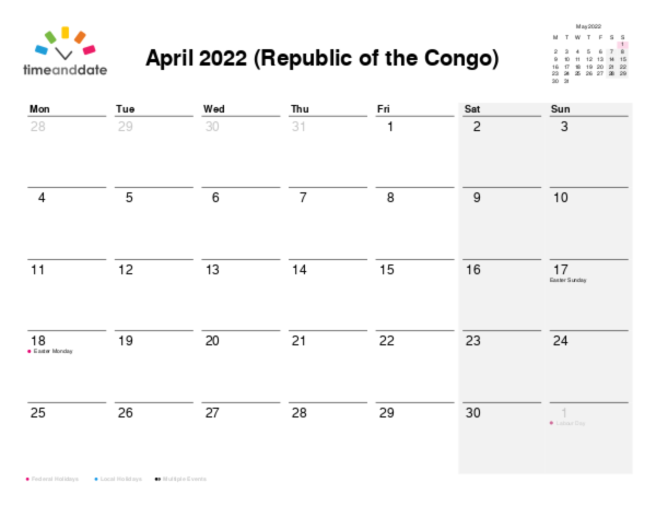Calendar for 2022 in Republic of the Congo