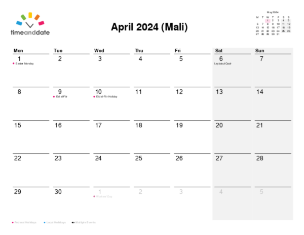 Calendar for 2024 in Mali