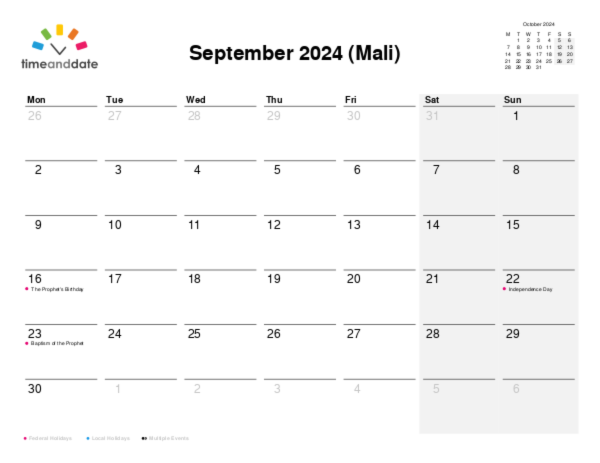 Calendar for 2024 in Mali