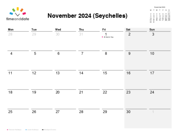 Calendar for 2024 in Seychelles