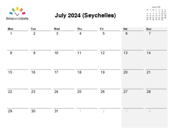 Calendar for 2024 in Seychelles