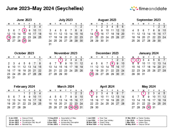 Calendar for 2023 in Seychelles
