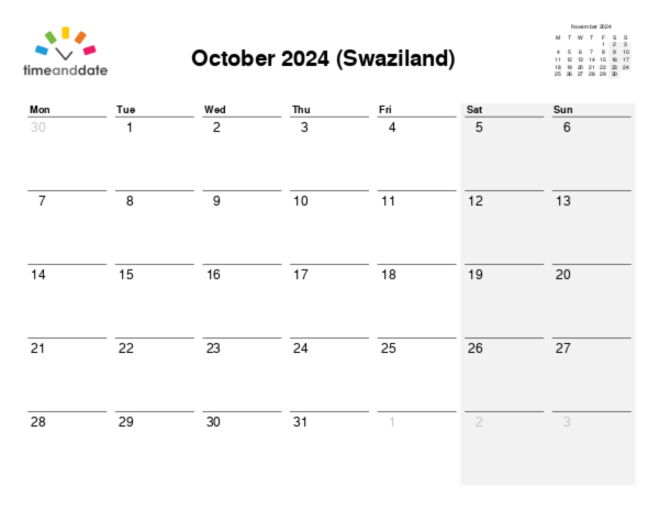 Calendar for 2024 in Swaziland