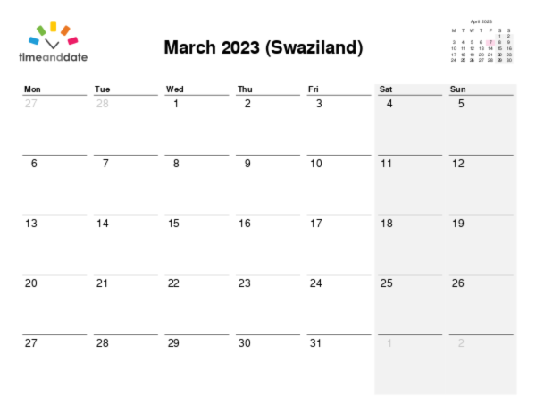 Calendar for 2023 in Swaziland