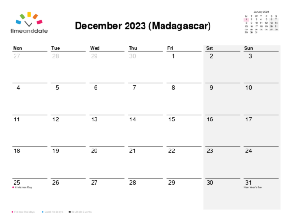 Calendar for 2023 in Madagascar