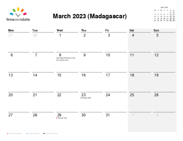 Calendar for 2023 in Madagascar