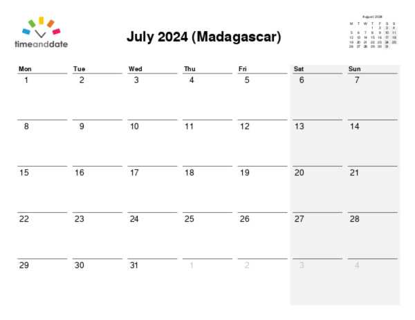 Calendar for 2024 in Madagascar