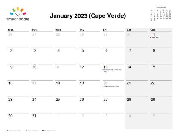 Calendar for 2023 in Cape Verde