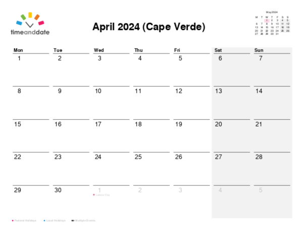 Calendar for 2024 in Cape Verde