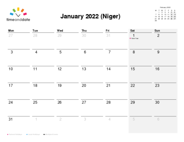 Calendar for 2022 in Niger