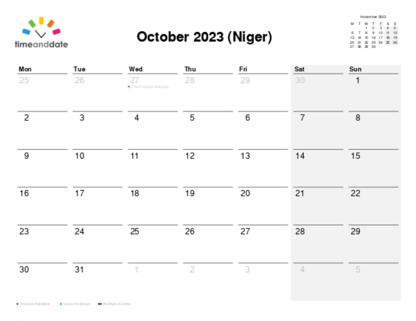 Calendar for 2023 in Niger