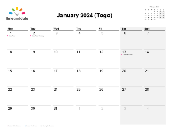 Calendar for 2024 in Togo