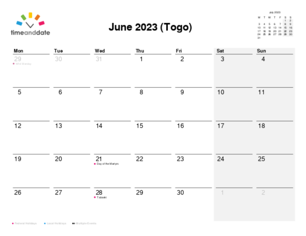Calendar for 2023 in Togo