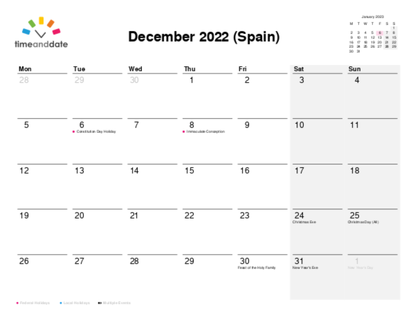 Calendar for 2022 in Spain