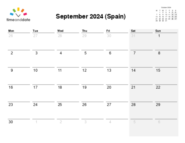 Calendar for 2024 in Spain